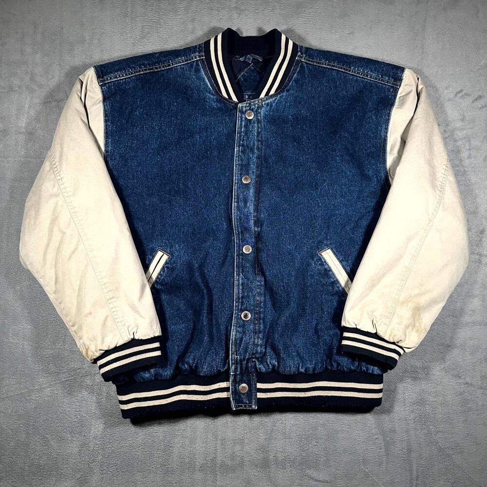 VTG Basic Editions Varsity Bomber Jacket Mens Large Blue Denim Snap Front Retro